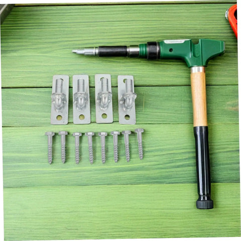 Rock Solid 4 Piece Wall Mounted Gate Hinges Built Tough For Outdoor Fences Zero Rust Hardware with screws and tool on green background.