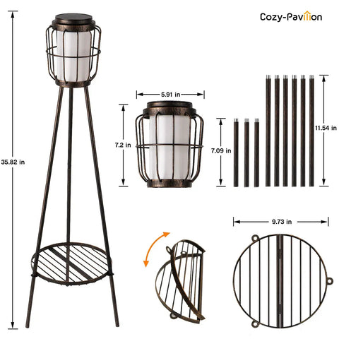 Diagram showing dimensions and setup for Solar Powered Plant Stand Lights 2 Pack Bronze Outdoor Floor Lamps For Deck And Porch Waterproof Garden Stand With Built In Light Auto On Off 40 Lumen Glow 8 To 12 Hour Run Time 2 In 1 Metal Yard Decor For Plants No Fuss Setup