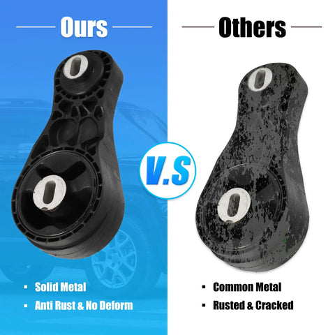 Comparison of Rock Solid Engine Motor Mount And Torque Strut Bracket 25840458, left solid metal and right common metal.