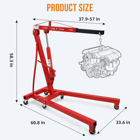 Heavy Duty Hydraulic Engine Hoist And Cherry Picker Shop Rig For Gearheads 2 Ton 4400 LBS Lift Capacity showing size dimensions and engine lift.
