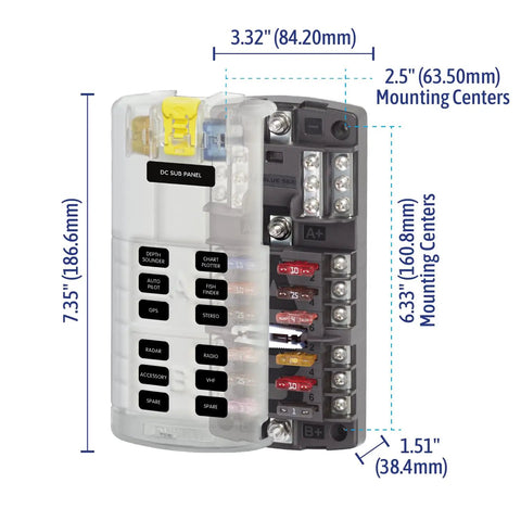 Dual Bus Blade Fuse Block With Ground And Cover Twelve Fused Circuits 100 Amp Marine Power Center with dimensions