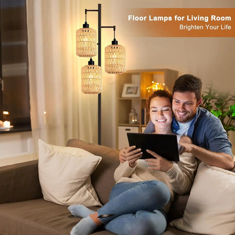 Boho Bamboo Floor Lamp With Remote Dimmer And Dimmable Bulb Warm Cozy Glow For Living Room Or Bedroom in corner, wicker shade