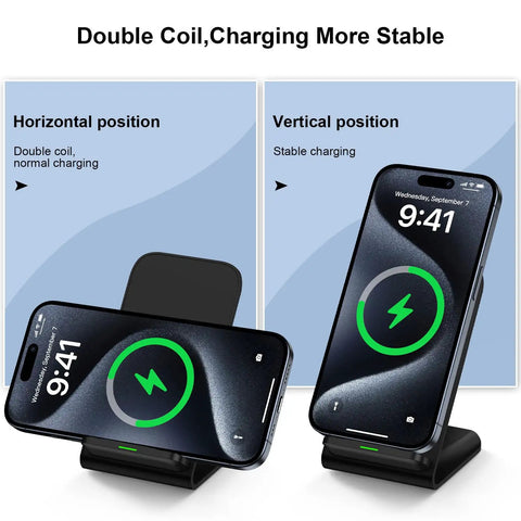 Must Have All In One Wireless Charging Stand For Fast Charging Phone Dock With 15W 10W And 7.5W Modes in use horizontally and vertically