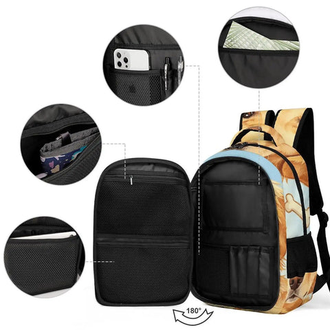 Open view of Bone Tag Golden Dog Printed Backpack showing interior pockets, compartments, and design details.
