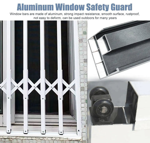Heavy Duty Aluminum Window Security Bar With Foldable Push Pull Setup For Top Notch Indoor Outdoor Theft Prevention And Emergency Egress Built Like A Tank To Keep Your Place Dead Secure While Still Letting Sweet Fresh Air Flow Inside 24 By 40 Inches showing white aluminum bars on a window.