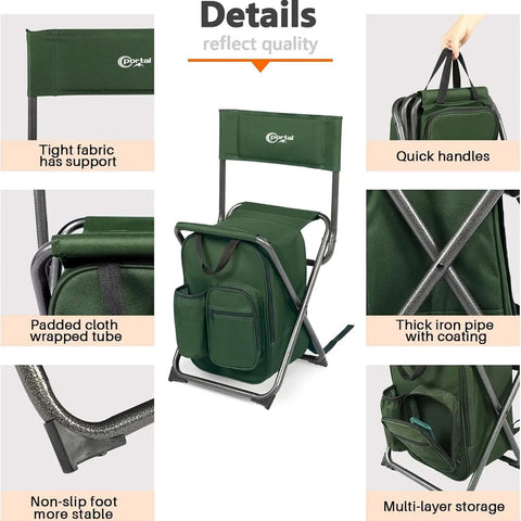 Backpack Cooler Chair With Backrest, Folding Camping Stool with padded backrest, cup holder, and sturdy steel frame, green fabric