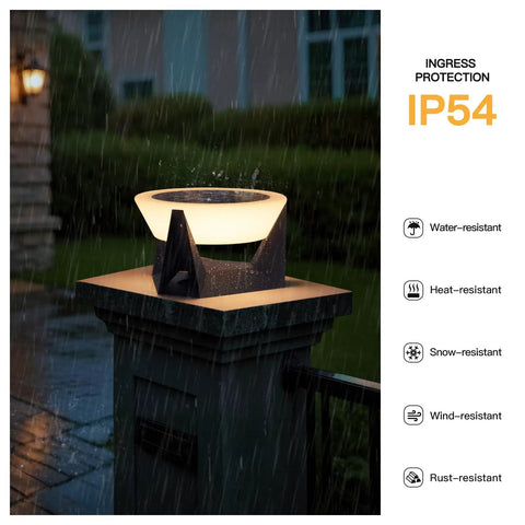 Weather Resistant Solar Post Lights For Yard And Patio Smooth Automated Dusk To Dawn Glow with IP54 protection in rain.