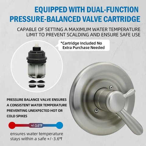 Straight Up Top Shelf Shower Trim Kit Compatible With Lahara 17 Series Brushed Nickel dual-function cartridge for precise temperature control.