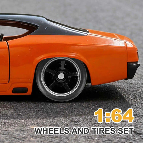 Close-up of an orange diecast model car featuring 1/64 scale wheels and tires set with real riders rims, 5 spoke silver and black.