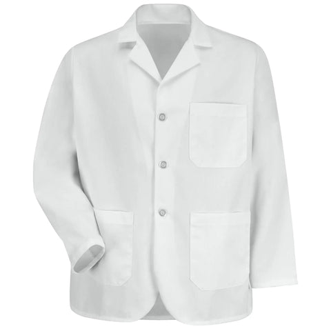 Go To White Counter Coat With Notch Collar And Lapel Durable UV Resistant Non Yellowing Buttons With Left Chest And Two Lower Pockets Generous 30.75 Inch Back Length For Full Coverage Size Large