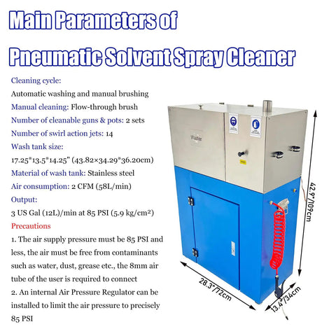 Knockout Pneumatic Solvent Spray Cleaner With Dual Station Spray Gun Pot Wash Kit And 14 Swirling Jets For Fast Oil Based Paint Cleanout And No Sweat Shop Gear Maintenance, stainless steel wash tank, dimensions 42.9x28.3x13.4 inches.