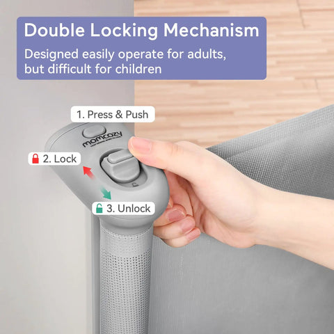 Close-up of hand using double lock on Retractable Mesh Baby Gate For Stairs And Doorways, Extra Wide Up To 71 Inches, 33 Inches Tall.