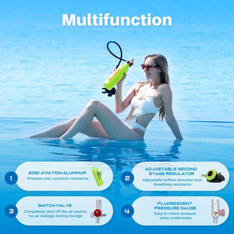 Smiling woman using 1L Mini Scuba Tank Pony Bottle Portable Underwater Breathing Air Source while relaxing in a pool.