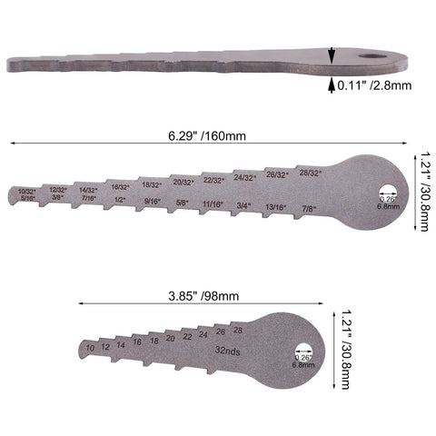 Workhorse Stainless Steel Brake Pad Thickness Gauge And Drum Wear Measurement Tool, showing dual blade design and measurements.