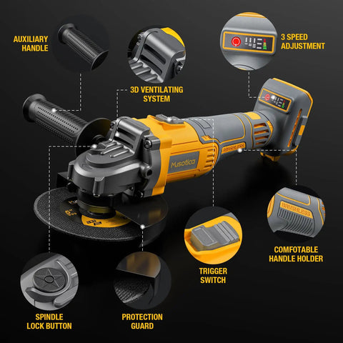 Rugged Brushless Cordless Angle Grinder 4 1/2 Inch With Variable Speed Dial, features auxiliary handle and protection guard.