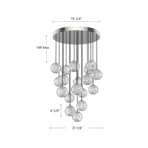 Natural Brass 18 Light Led Multi Pendant Light Fixture With Clear Ribbed Acrylic Shades Hanging Ceiling Lamp For Kitchen Or Dining Room diagram with dimensions.