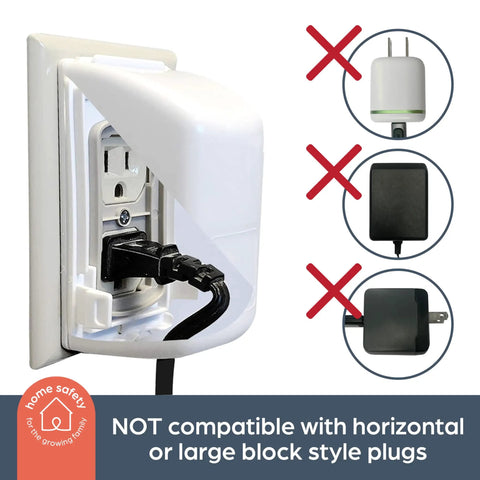 Dual Fit Outlet Covers For Standard And Decora Plugs showing compatibility with small and medium adapters, not large plugs.