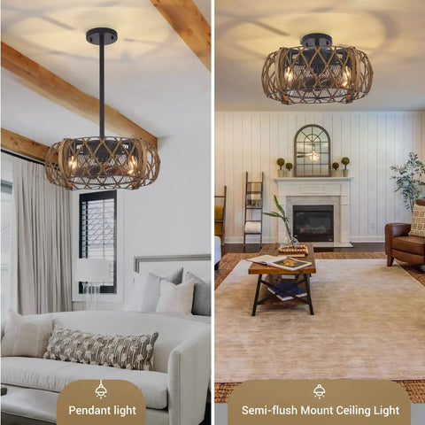 Industrial Farmhouse 17 Inch Black Caged Ceiling Fan With Remote Light Kit in living room and semi-flush mount setup
