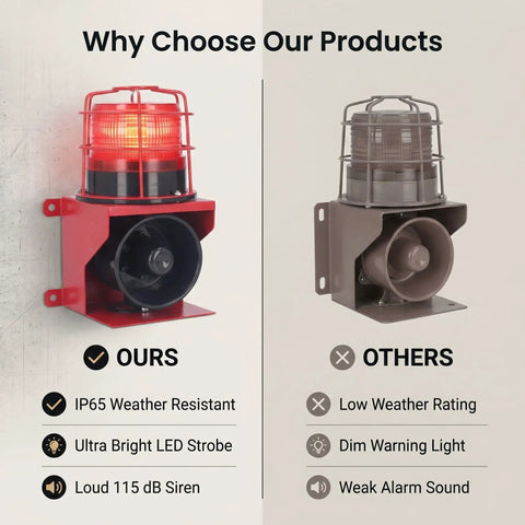 Hardhat Ready Job Site Beast With 115 Decibel Loud Horn And IP65 Waterproof LED Strobe Light For Mine Quarry Construction Emergency Sound Visual Warning Alarm Beacon, comparison of red and gray siren alarm beacons.