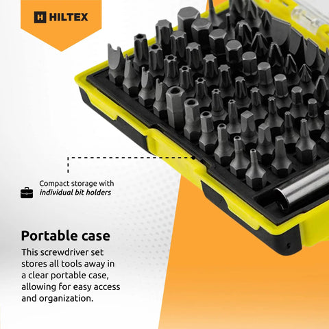 Security Bit Set With Magnetic Extension Adapter 61 Piece Kit 1/4 Inch Hex Shank CR-V Steel in portable case with bits displayed