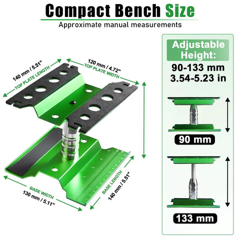 Adjustable Aluminum RC Car Repair Stand With 360 Degree Rotation showing compact bench size and height measurements.