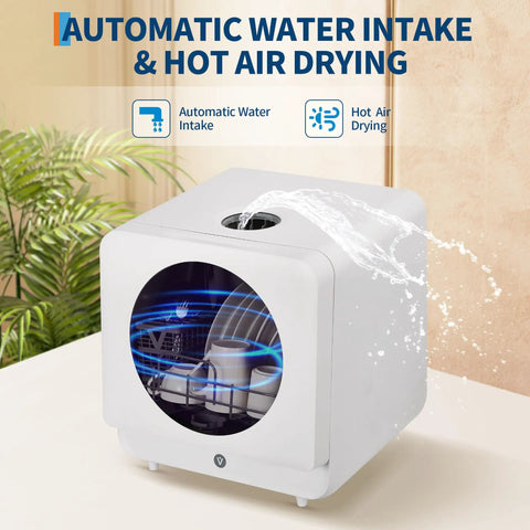 Plug And Play Portable Countertop Dishwasher with automatic water intake and hot air drying feature, ideal for tiny kitchens.