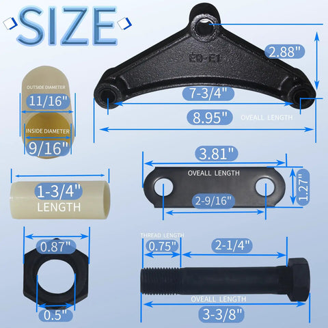 Trailer Shackle Kit For Double Eye Springs 3,500 To 7,200 Lbs Two Pack With Equalizers, includes size dimensions and components.