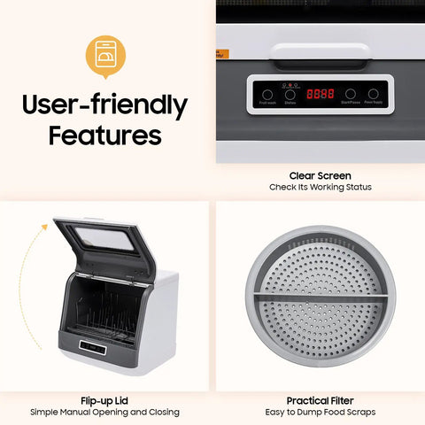 User-friendly features of Portable Countertop Dishwasher With Three Wash Cycles Smart Mini Rack, showing clear screen and filter.