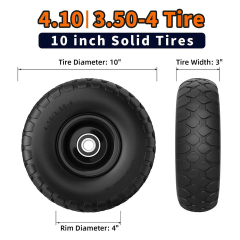 Flat Free 4.10/3.50-4 Solid Tire Wheel Kit 10 Inch Airless Replacement With 5/8 Inch Bearings Heavy Duty 500Lb Capacity