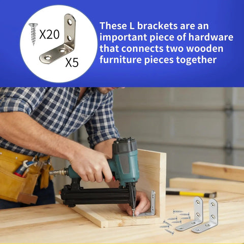 Five Heavy Duty L Shelf Brackets In Premium Stainless Steel For 90 Degree Corner Bracing on wood while installing with screws.