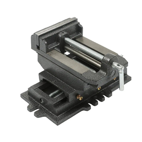 Heavy Duty 5 Inch Cross Slide Drill Press Vise For Woodworking Rock Solid Cast Iron Milling Fixture with smooth crank and adjustable slots.