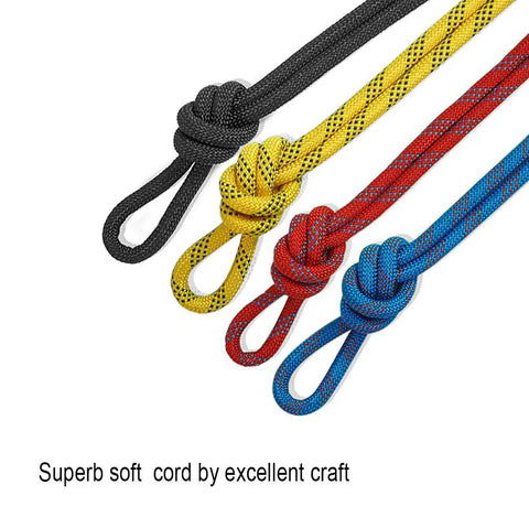 Heavy Duty Static Utility Rope 10mm x 65 Feet Polyester Tow Line Tough As Nails For Rigging Tree Work Hunting Gym Fitness Beast Mode Pulling Strap Solid Blue with black, yellow, red, and blue colors.