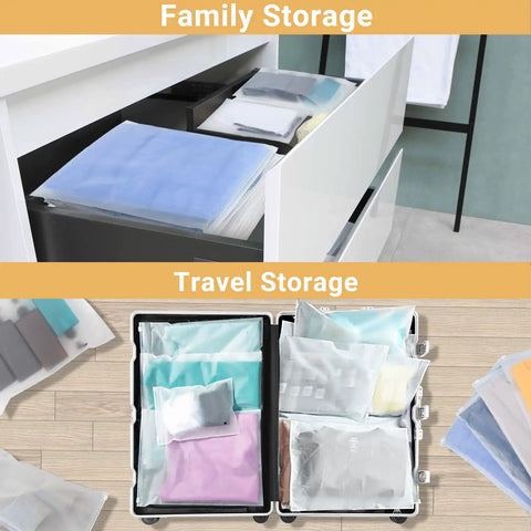 Bulk Pack 100 Count 10 By 13 Inch Frosted Zipper Plastic Bags For Clothing With Vent Holes in dresser and suitcase storage.