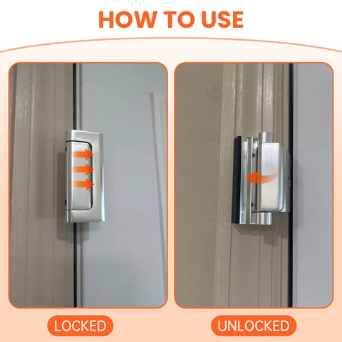 Beefy Door Reinforcement Lock Stands Up To 800 Pounds showing locked and unlocked positions for easy use with door.