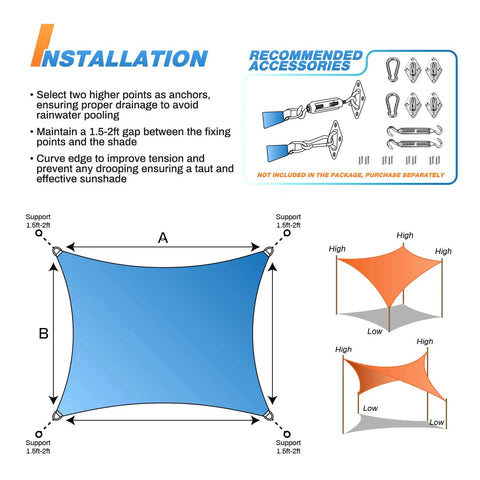Installation diagram for 12 Foot By 14 Foot Sun Shade Sail Rectangle Outdoor Canopy UV Block Sunshade For Patio Backyard Porch Deck Garden Pergola Gray Permeable Tear Resistant HDPE Fabric Keeps You Cool And Covered All Summer Easy Setup.