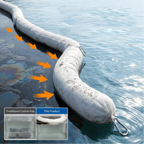 Heavy Duty Oil Spill Containment Booms 3 Pack Polypropylene Sorbent Socks floating on water, absorbing grease and oil.