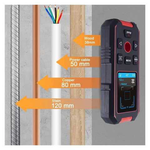 Heavy Duty 3 In 1 Stud Finder And Wall Scanner straight shooting accuracy with digital level showing cable depth measurements.