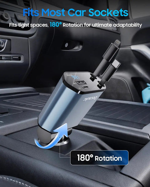 Retractable 69W USB C 4 In 1 Fast Car Charger with hidden cable in a car socket showing 180° rotation feature.
