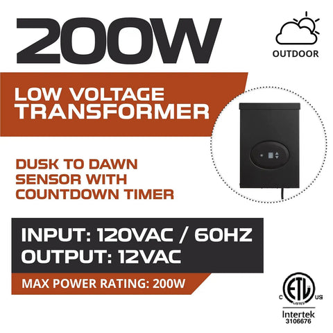200 Watt Low Voltage Landscape Lighting Transformer With Dusk To Dawn Sensor And Countdown Timer Auto Mode 120V AC To 12V AC Outdoor Lighting All Weather details and specifications.