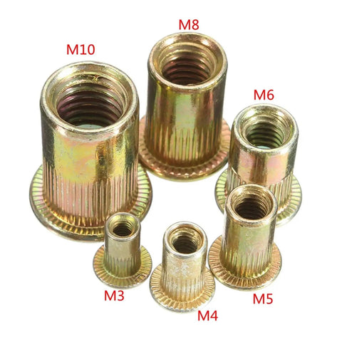 Top Notch Flat Head Rivet Nuts M3 To M12 Zinc Plated Steel With Knurled Grip For Heavy Duty Fastening assorted sizes M3 M10.