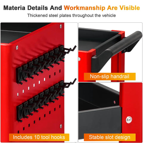 Heavy Duty 3 Tier Rolling Tool Cart Built Tough As Nails For Mechanics And Garage Shops Rock Solid Alloy Steel Frame With 1000 Lb Max Load Capacity Red Black showing tool hooks and non-slip handrail.