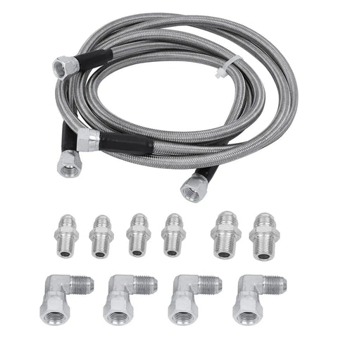 6AN 52 Inch Transmission Cooler Hose Line Kit with dope stainless steel braided PTFE lines and fittings for GM Chevy Ford GMC Buick Cadillac