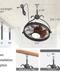 All Weather Outdoor Ceiling Fan With Light For Gazebos And Patios, 23.6 Inch Ultra Quiet DC Motor, Black Caged Design installation options