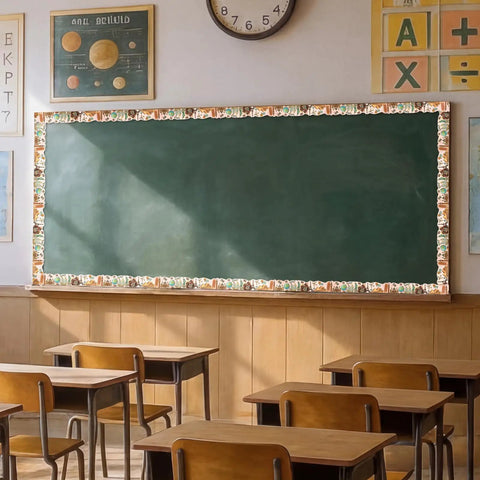 Classroom chalkboard with Dope Vintage World Map Travel Bulletin Board Border 68.9 Ft Long 2.99 In High as a decorative trim.