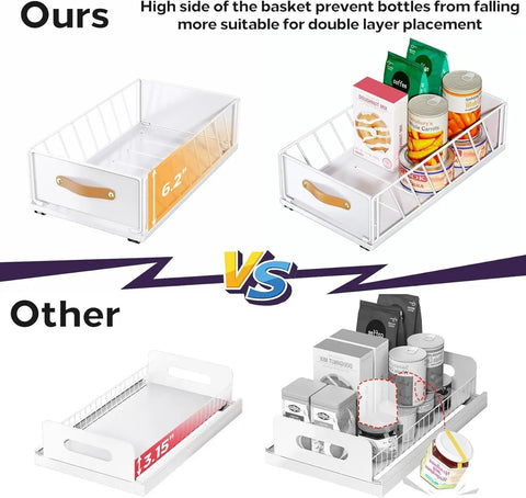 Comparison of Top Shelf Pull Out Cabinet Organizer With Adhesive Nano Film Hella Sturdy Slide Out Pantry Shelves and Sliding Mesh Basket with Handle 11.8x15.7x6.2 inches White vs Other design.