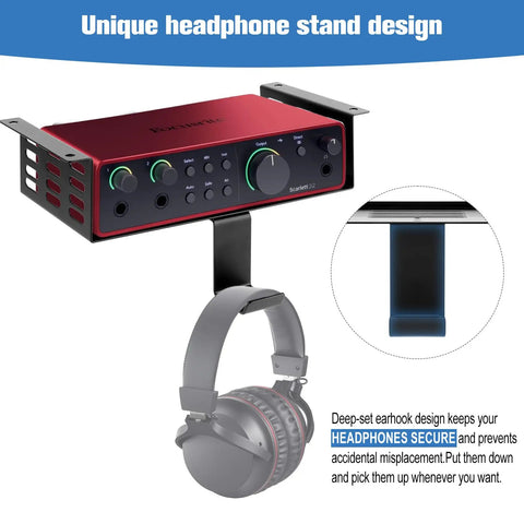 Heavy Duty Under Desk Mount For Scarlett 2i2 4th Gen With Adjustable Headphone Hanger shown with headphones