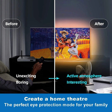 Comparison of TV lighting with Ultra Long 130ft RGB LED Strip Lights Kit, showing improved mood lighting in a home theater setup