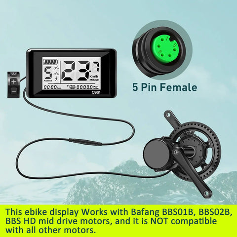 C961 5 Pin Female Ebike LCD Display For Bafang BBS01B BBS02B BBSHD Mid Drive Motors With UART Protocol interface shown