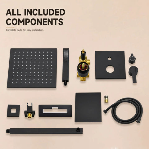 Top Shelf Heavy Duty All Metal Shower System With Tub Spout And Matte Black Finish Featuring Rock Solid 10 Inch Rain Head And Handheld Sprayer Built With Durable Valve complete component set for easy installation.