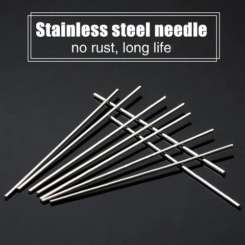 Top Shelf Fiber Optic Splice Sleeves With Robust 304 Stainless Steel Inner Needles And Clear Polyethylene Heat Shrink Tubing For Rock Solid Bare Cable Reinforcement Fusion Patch Kits Come In A Full Hundred Piece Bundle For Daily Field Grind, showing stainless steel needles.